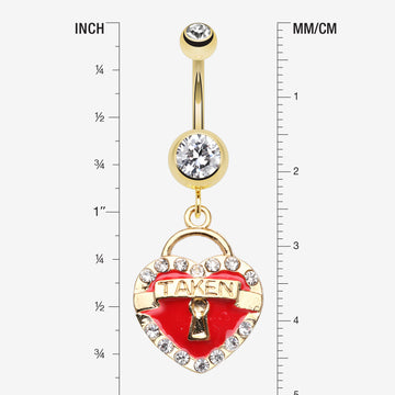 Detail View 1 of Golden Heart Lock Sparkle Belly Ring-Clear Gem/Red